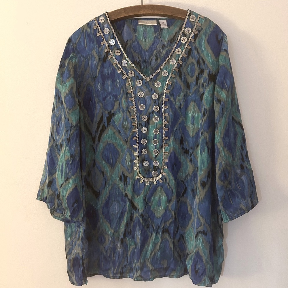 Chicos Artsy Embellished‎ Beaded Tunic-Sz 3-Blue Multicolored-3/4 Sleeve-Mature
